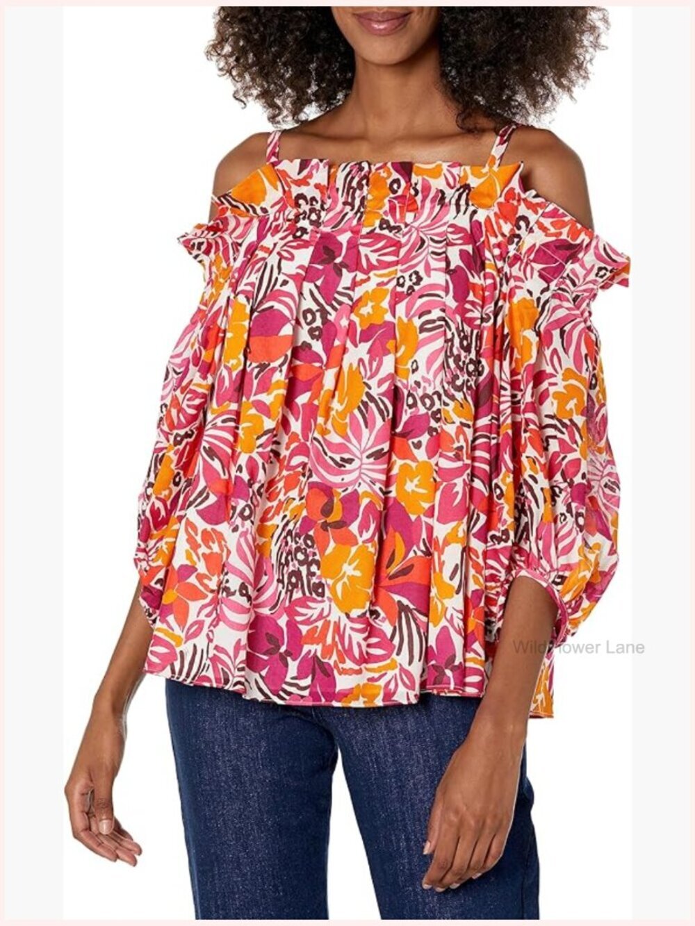 Off-Shoulder Blouson Top with Pleating, 3/4 Sleeves, Relaxed Fit, Cotton